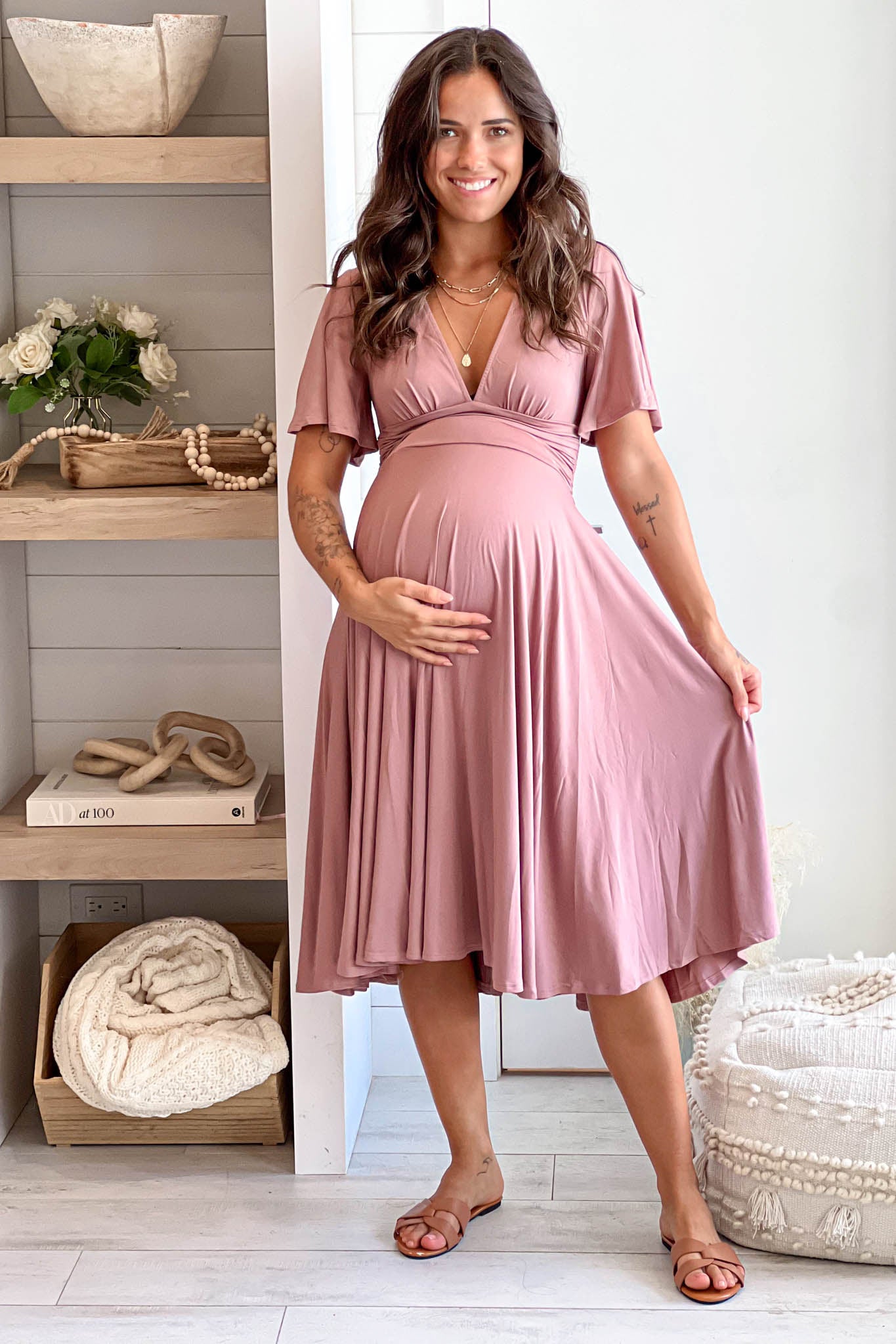 blush maternity midi dress with short sleeves