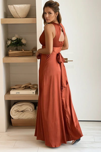 black satin maxi dress with cut out back