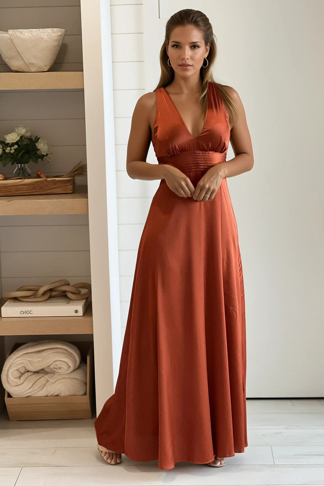 Brick V-Neck Satin Maxi Dress