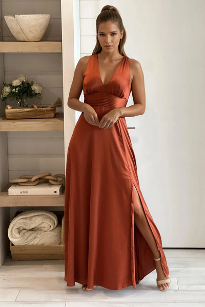 brick v-neck satin maxi dress