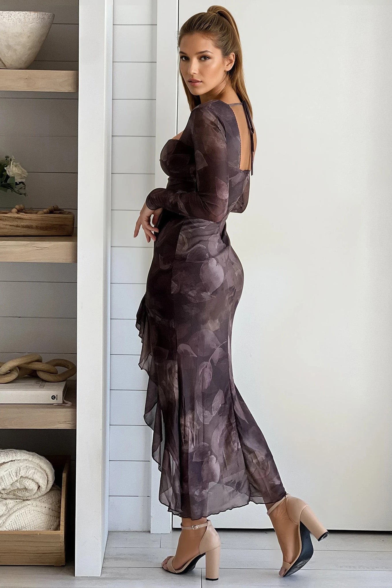 brown floral cutouts dress