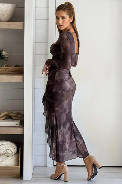 brown floral cutouts dress