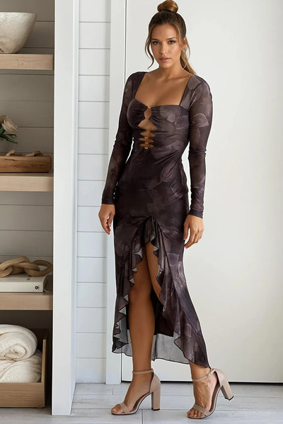 brown floral long sleeves dress