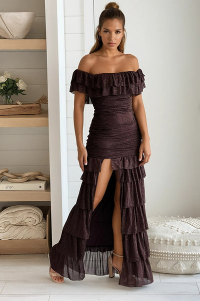 brown glitter mesh ruffled off shoulder maxi dress