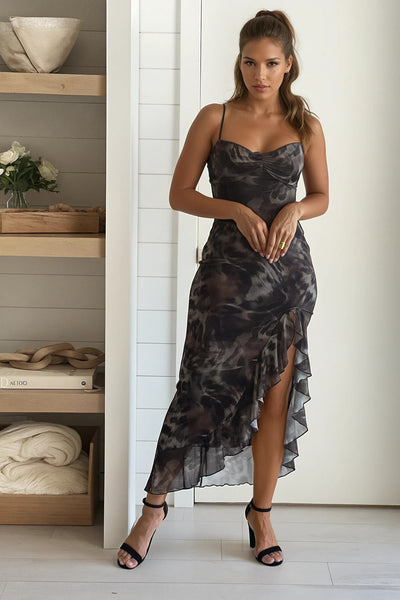 brown printed ruffle slit maxi dress