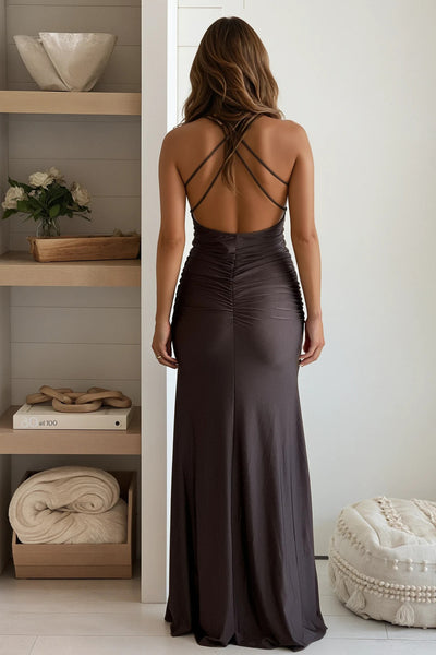 brown ruched maxi dress with criss cross back