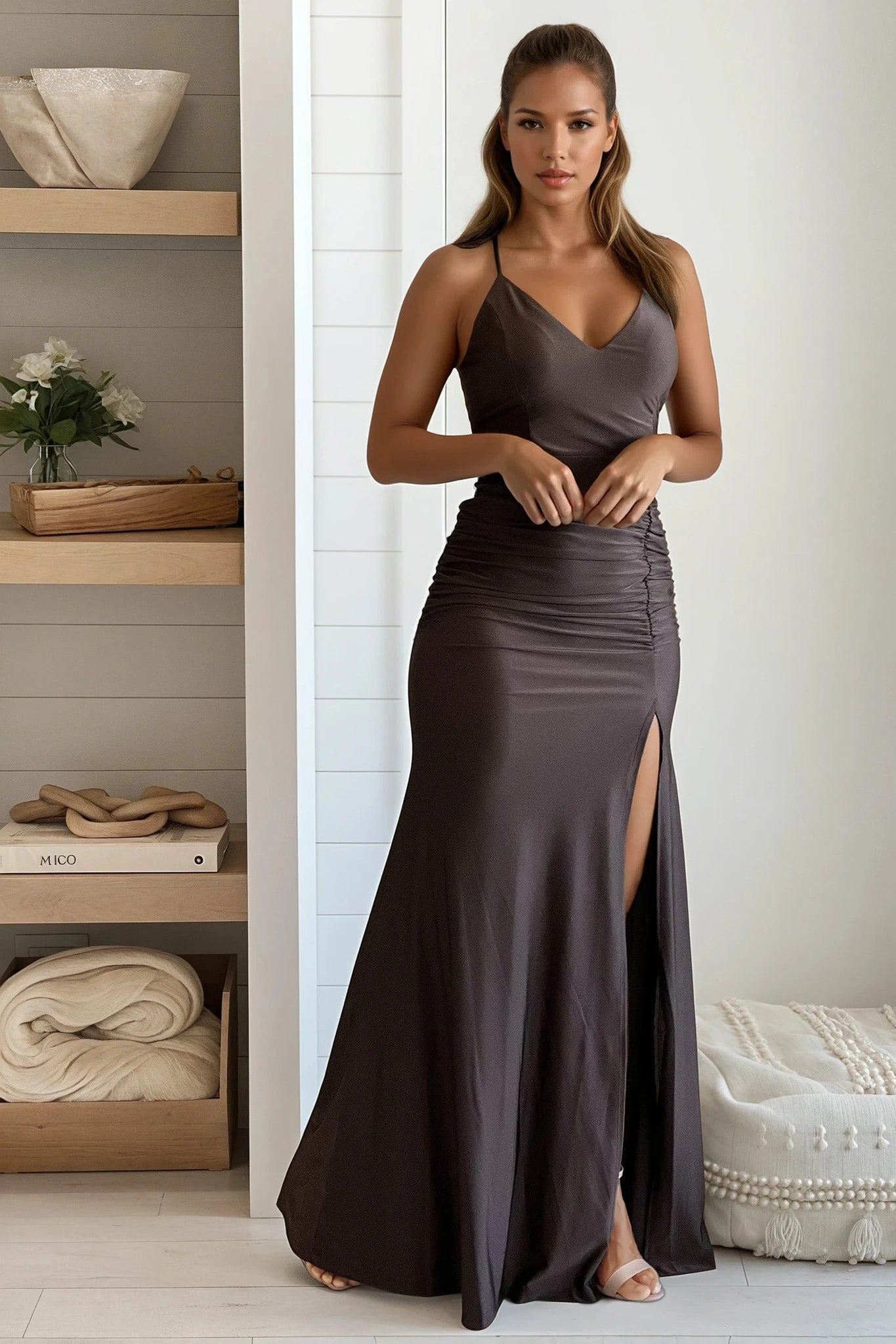 brown ruched maxi dress