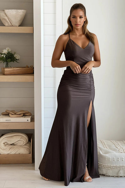 brown ruched maxi dress