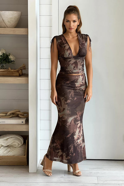 brown two piece ruched top and skirt set