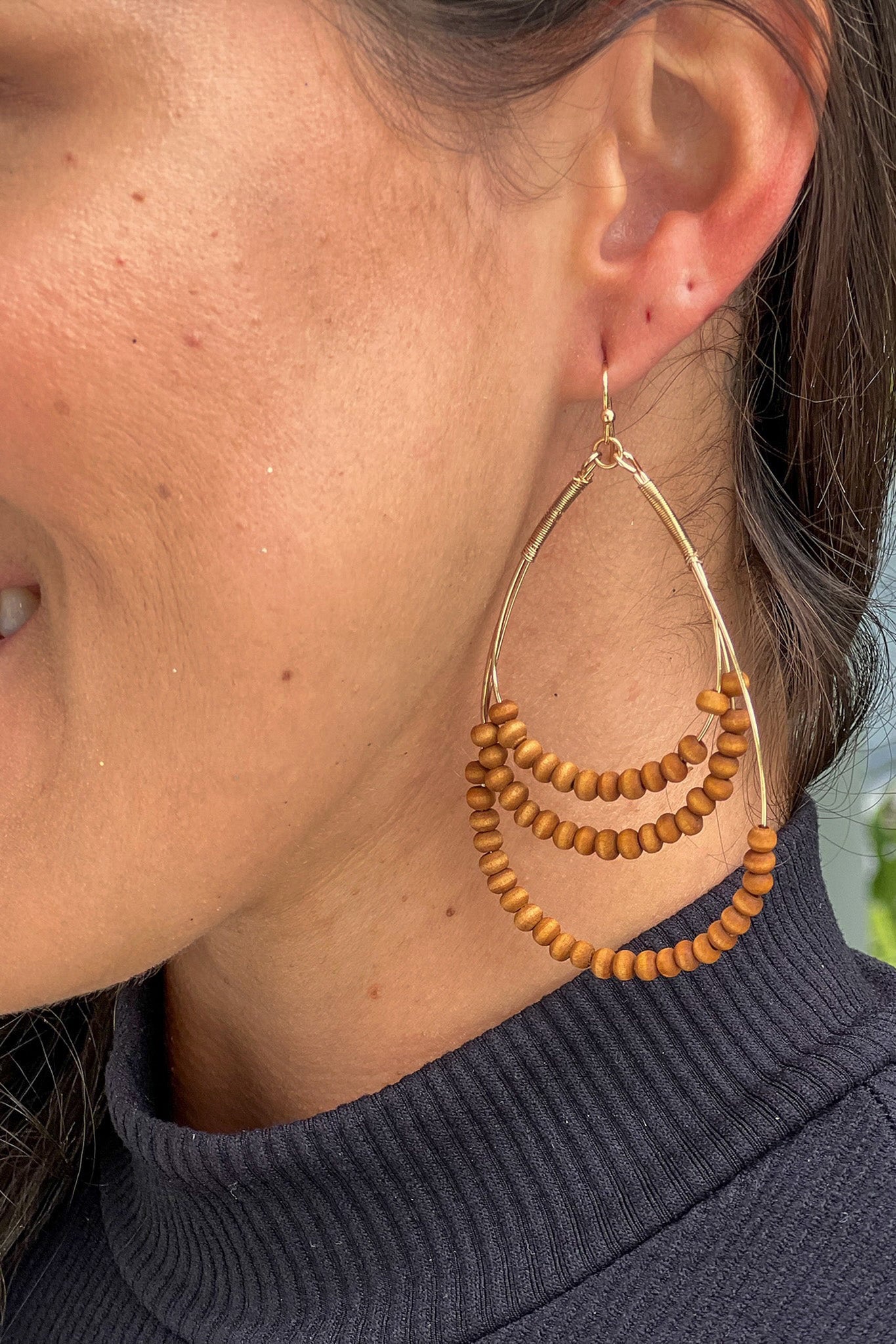 brown wooden beads oval hoop earrings