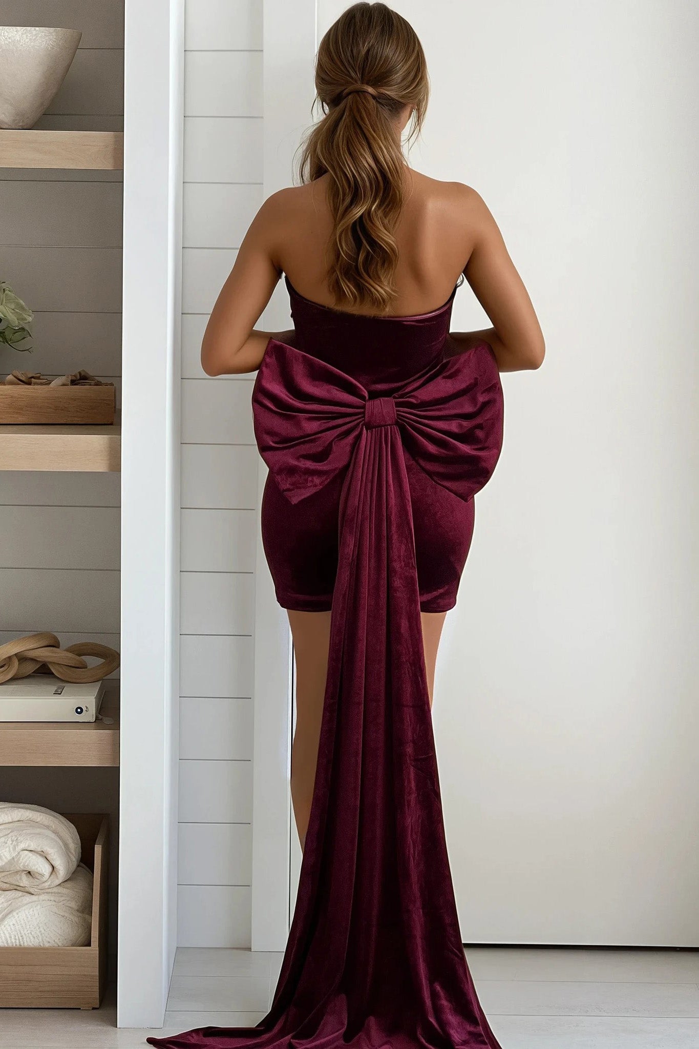 burgundy cocktail short dress with bow detail
