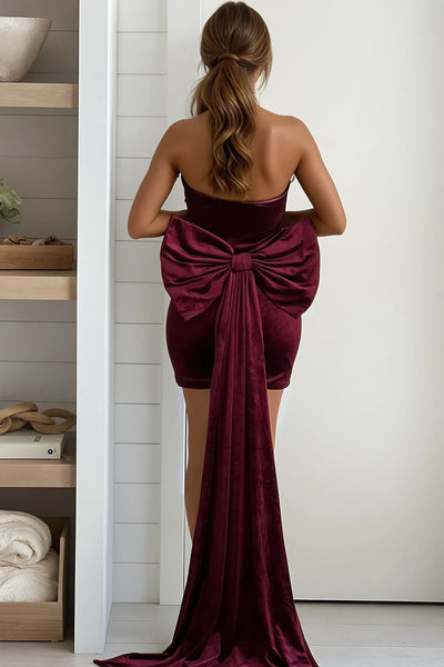 burgundy cocktail short dress with bow detail