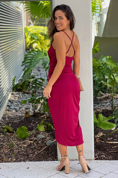 burgundy criss cross back midi dress