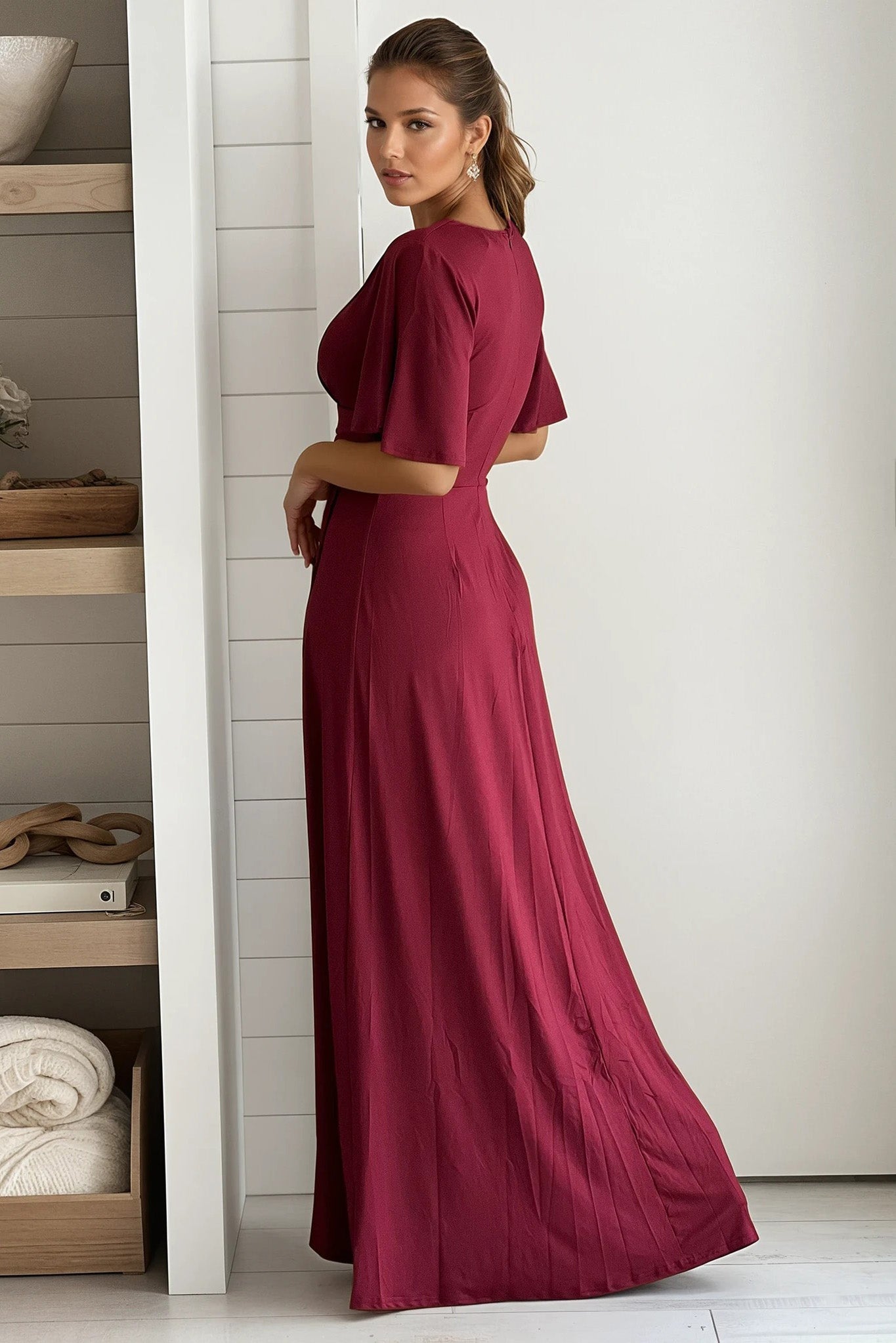 burgundy dress with short sleeves