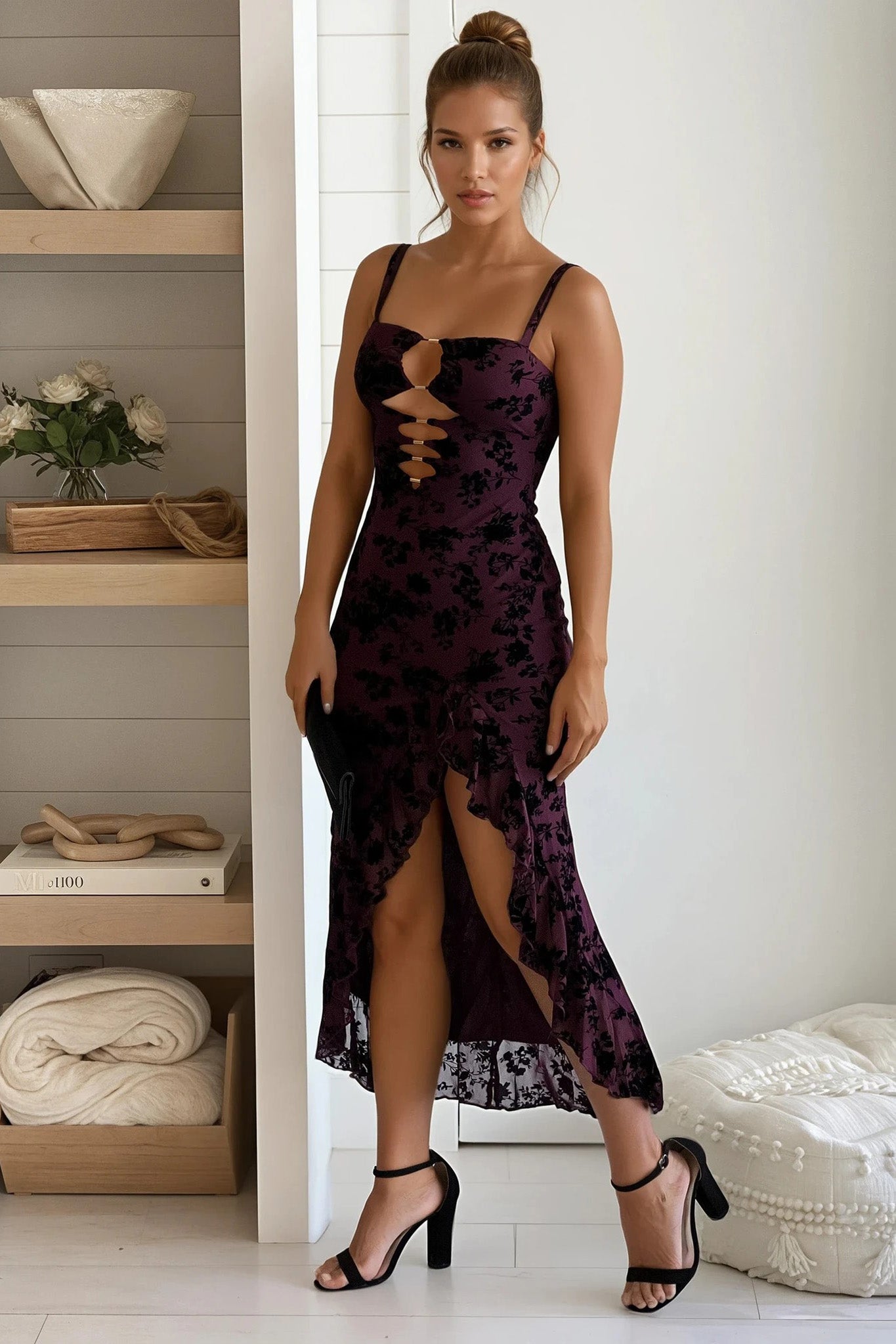 burgundy floral cut outs ruffled slit dress