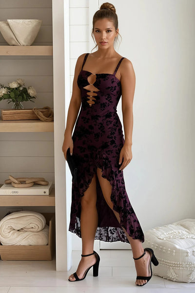 burgundy floral cut outs ruffled slit dress