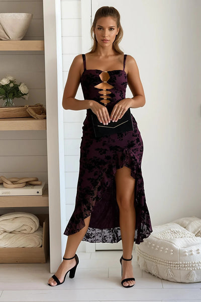 burgundy floral ruffled slit dress