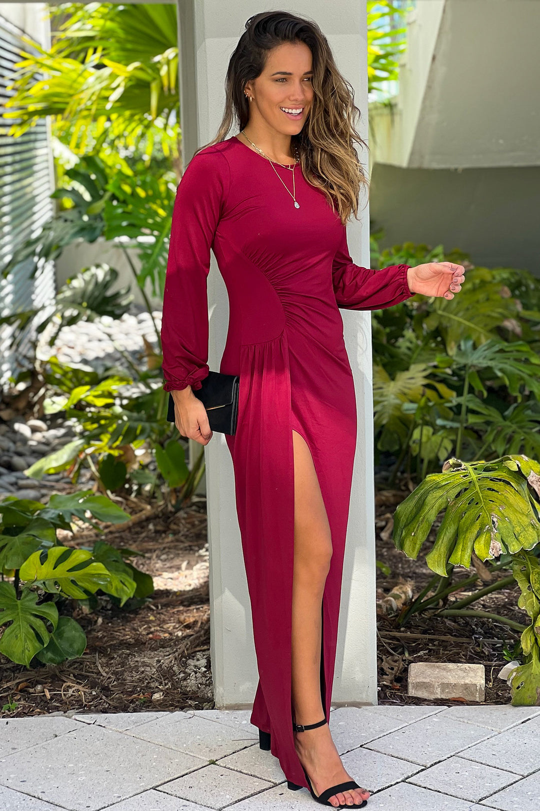 maxi long sleeve burgundy dress Women's Autumn Cape Sleeve Maxi Dress Burgundy XS/S/M/L/XL/XXL/Customize MEAN BLVD Burgundy / Customize
