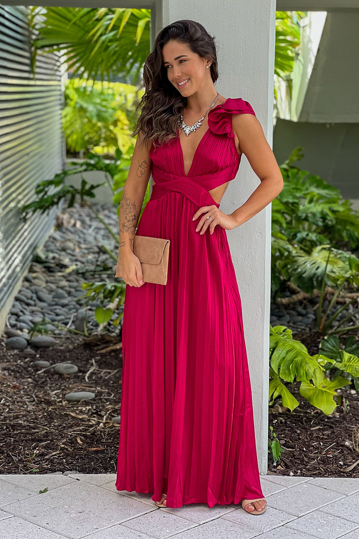 burgundy pleated maxi dress Elegant Pleated Burgundy Maxi Dress – The Levant Swan main image 1