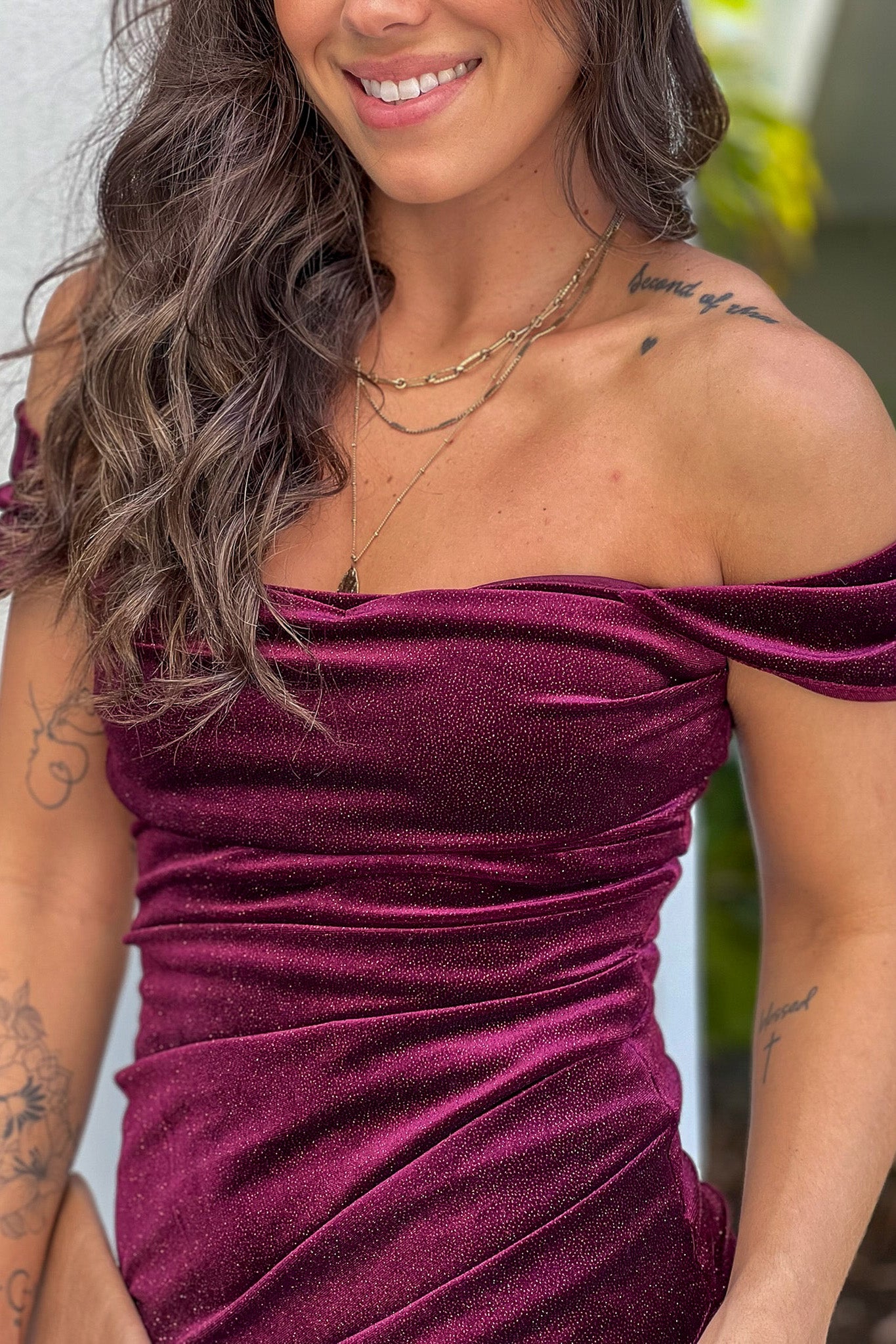 burgundy glitter off shoulder midi dress