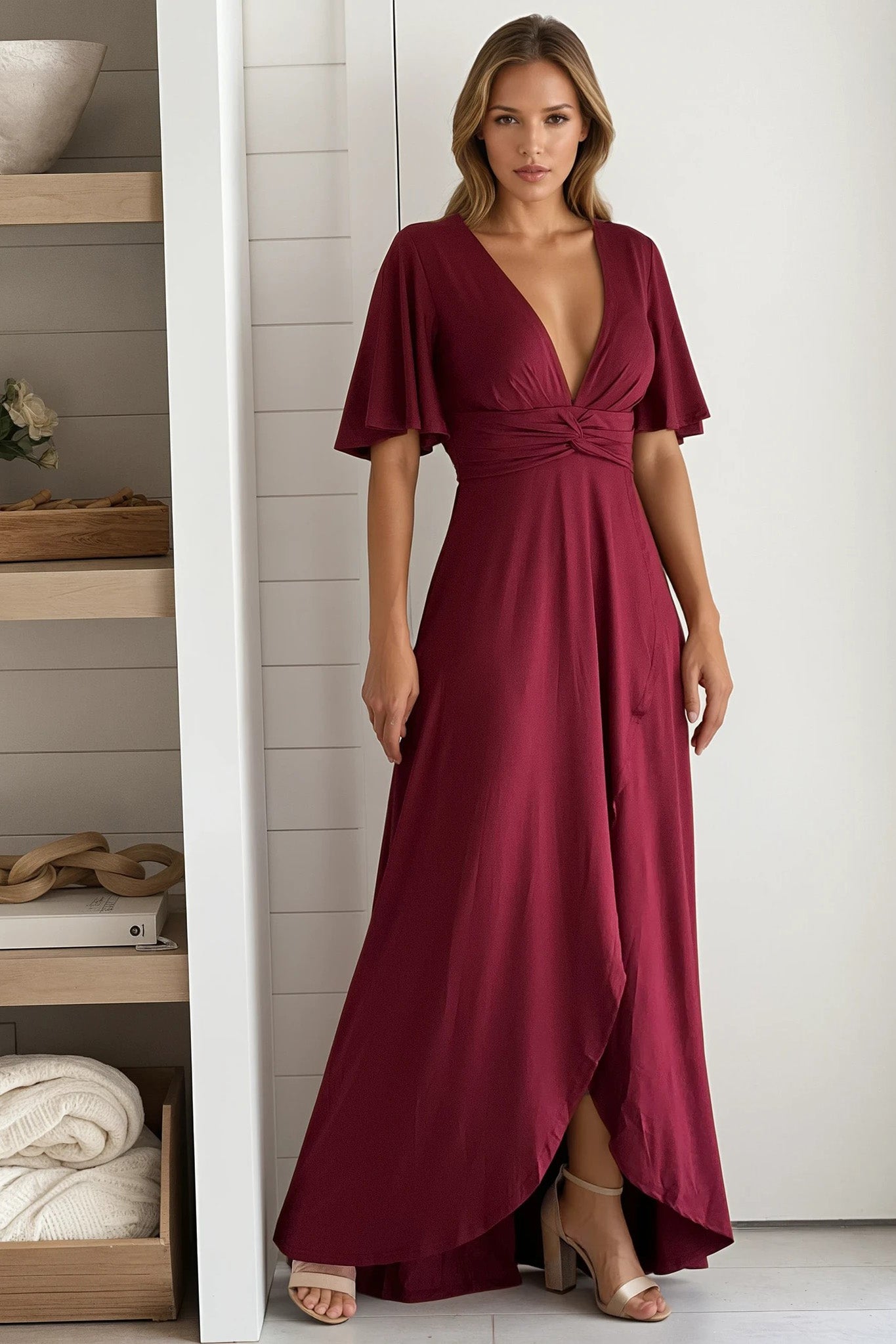 burgundy high low twist dress with short sleeves