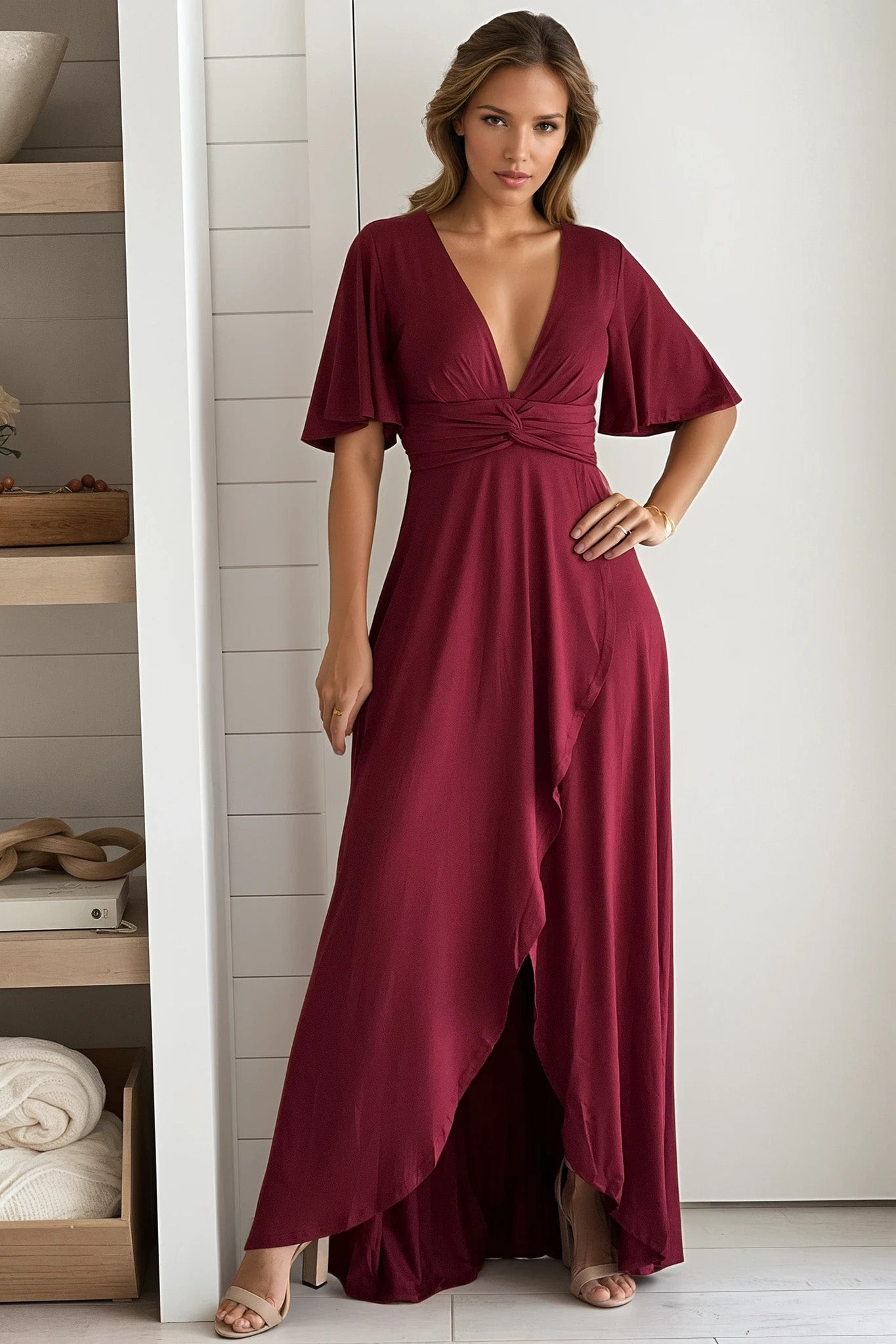 burgundy high low twist dress