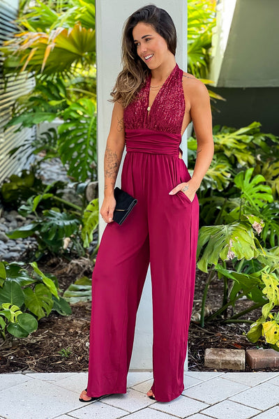 burgundy jumpsuit with pockets