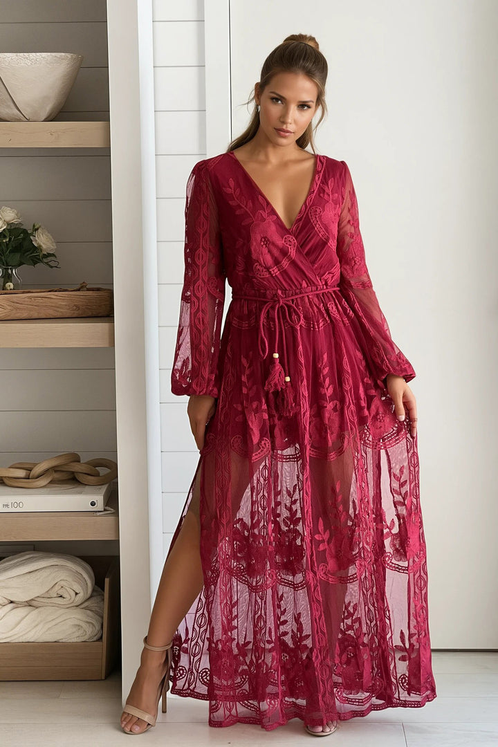 Burgundy Lace Maxi Dress With Belt