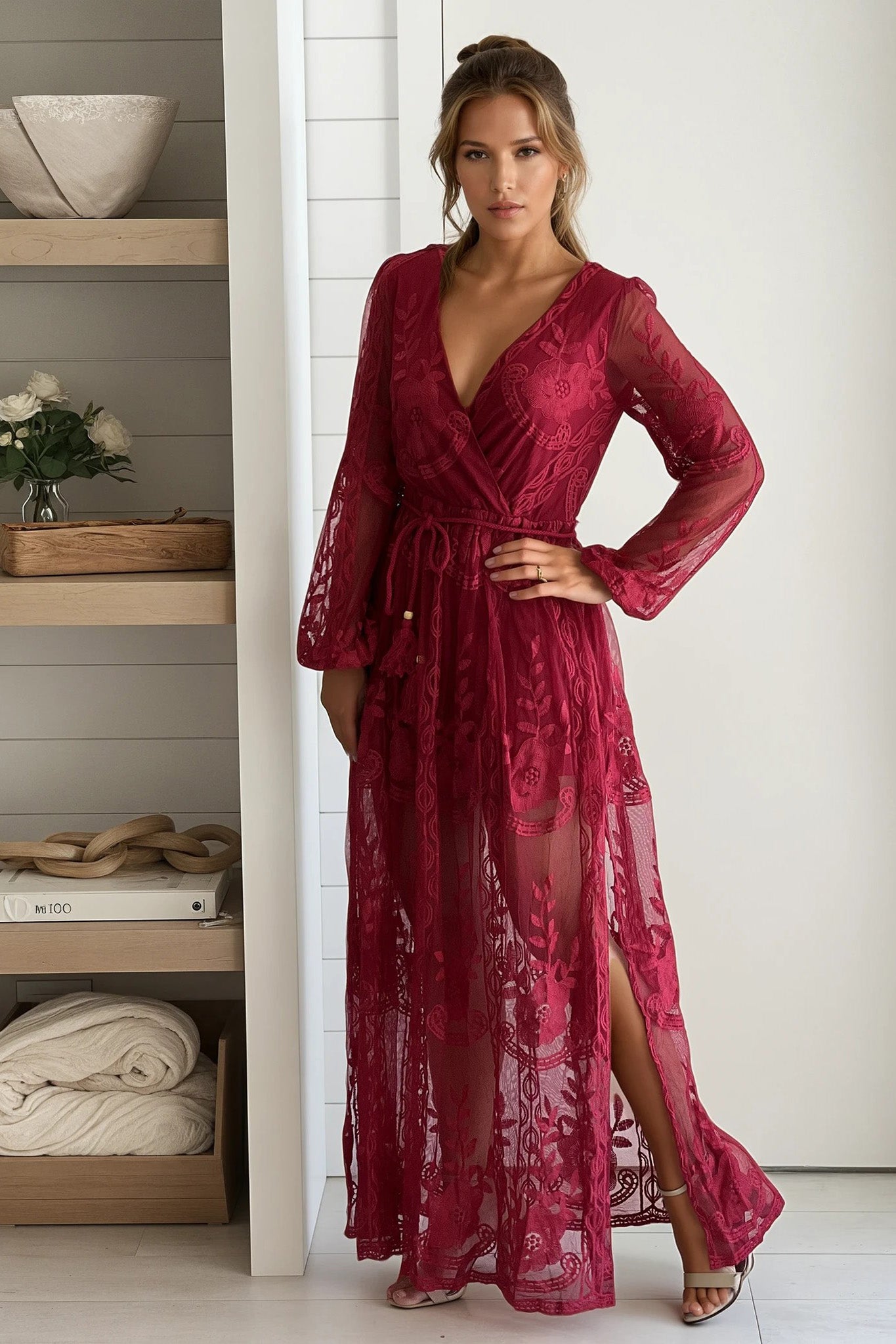 Burgundy Lace Maxi Dress With Belt