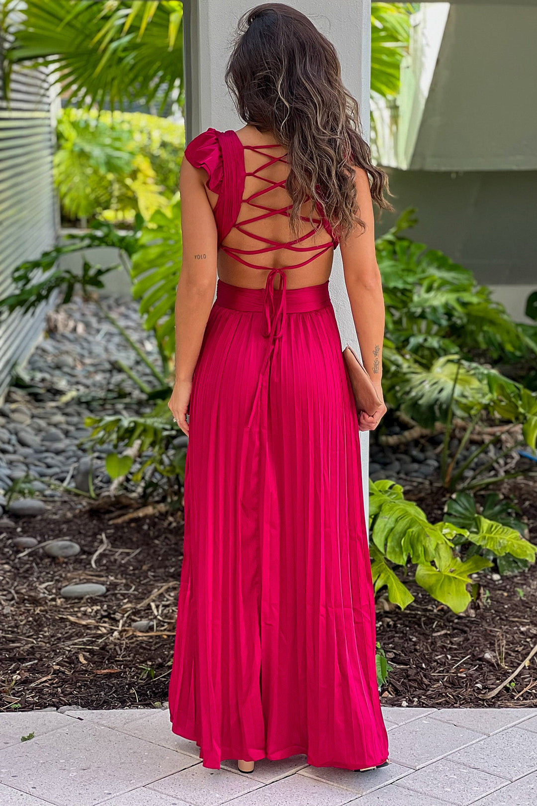 Burgundy Pleated Lace Up Back Maxi Dress | Maxi Dresses – Saved by the Dress