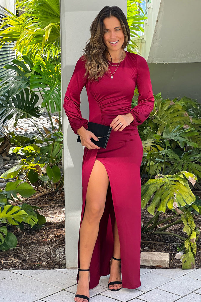 long sleeve red dress with slit Burgundy Long Sleeves Maxi Dress With Slit