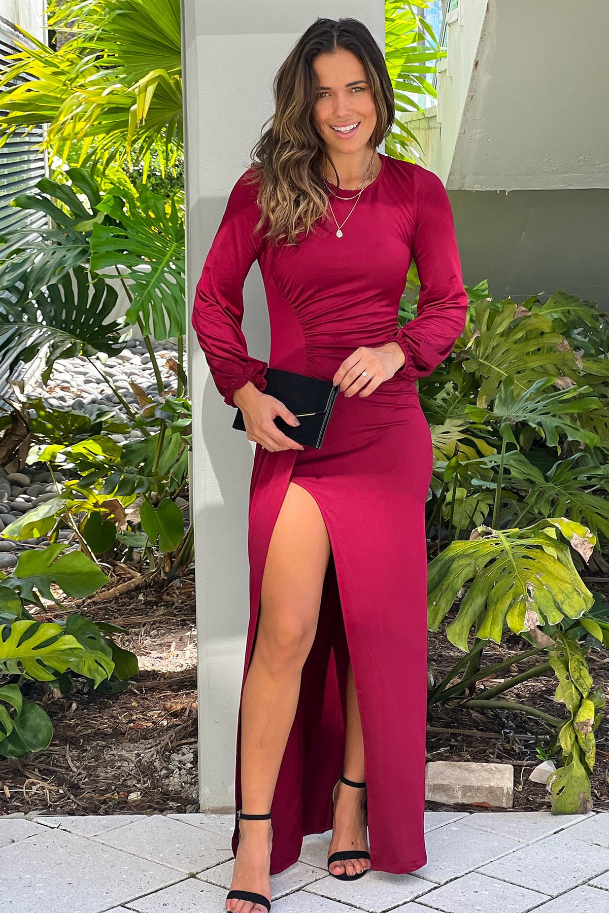 Burgundy Long Sleeves Maxi Dress With Slit Burgundy Long Sleeves Maxi Dress With Slit