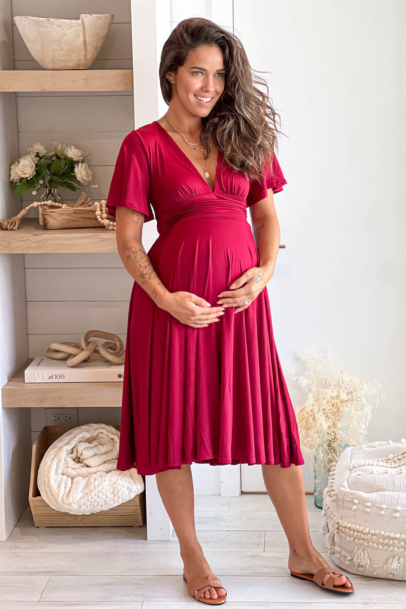 burgundy maternity cute midi dress