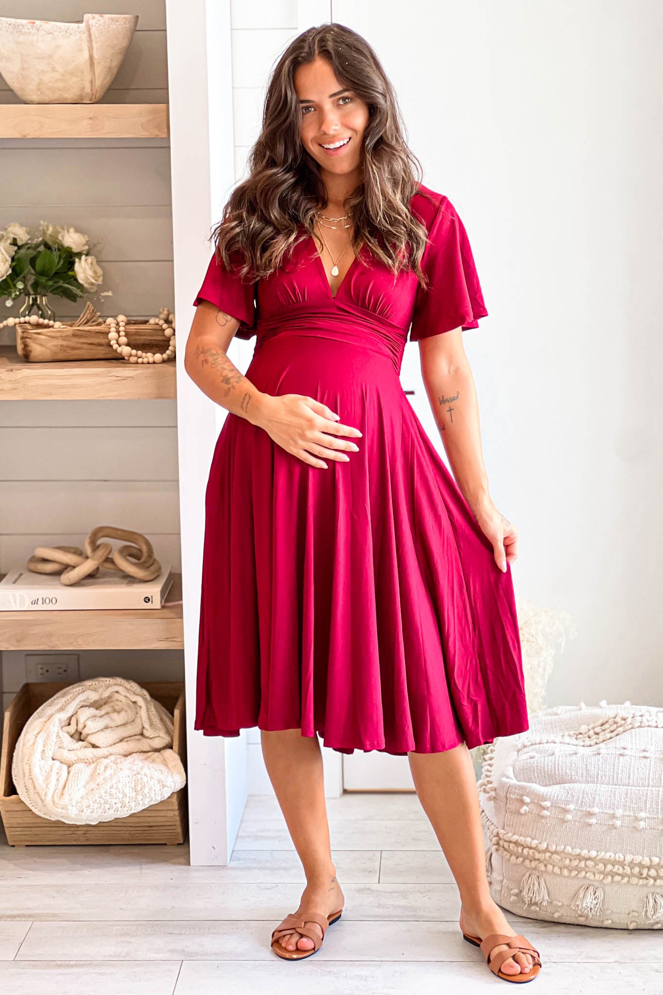 burgundy maternity midi dress with short sleeves