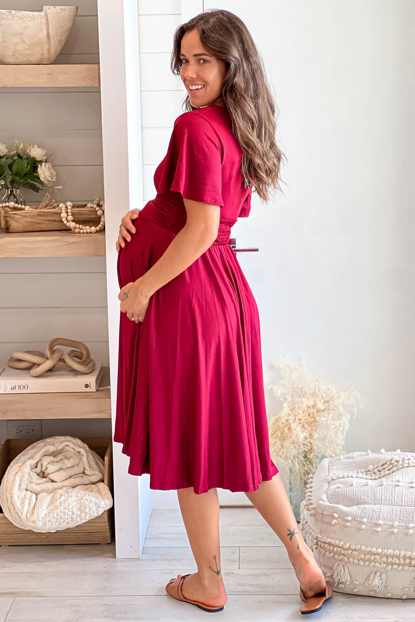 burgundy maternity midi dress