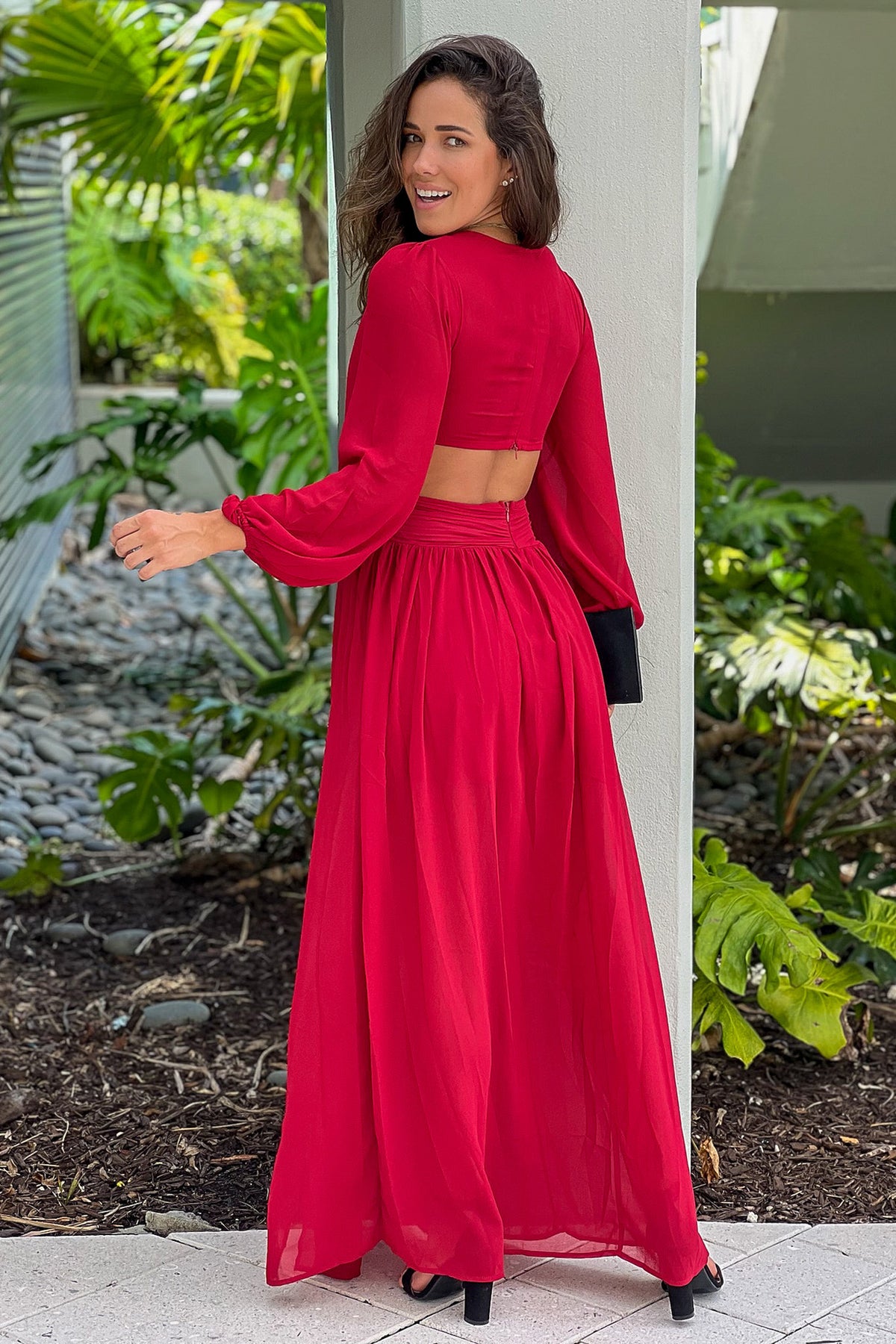 Burgundy Pleated V-Neck Maxi Dress