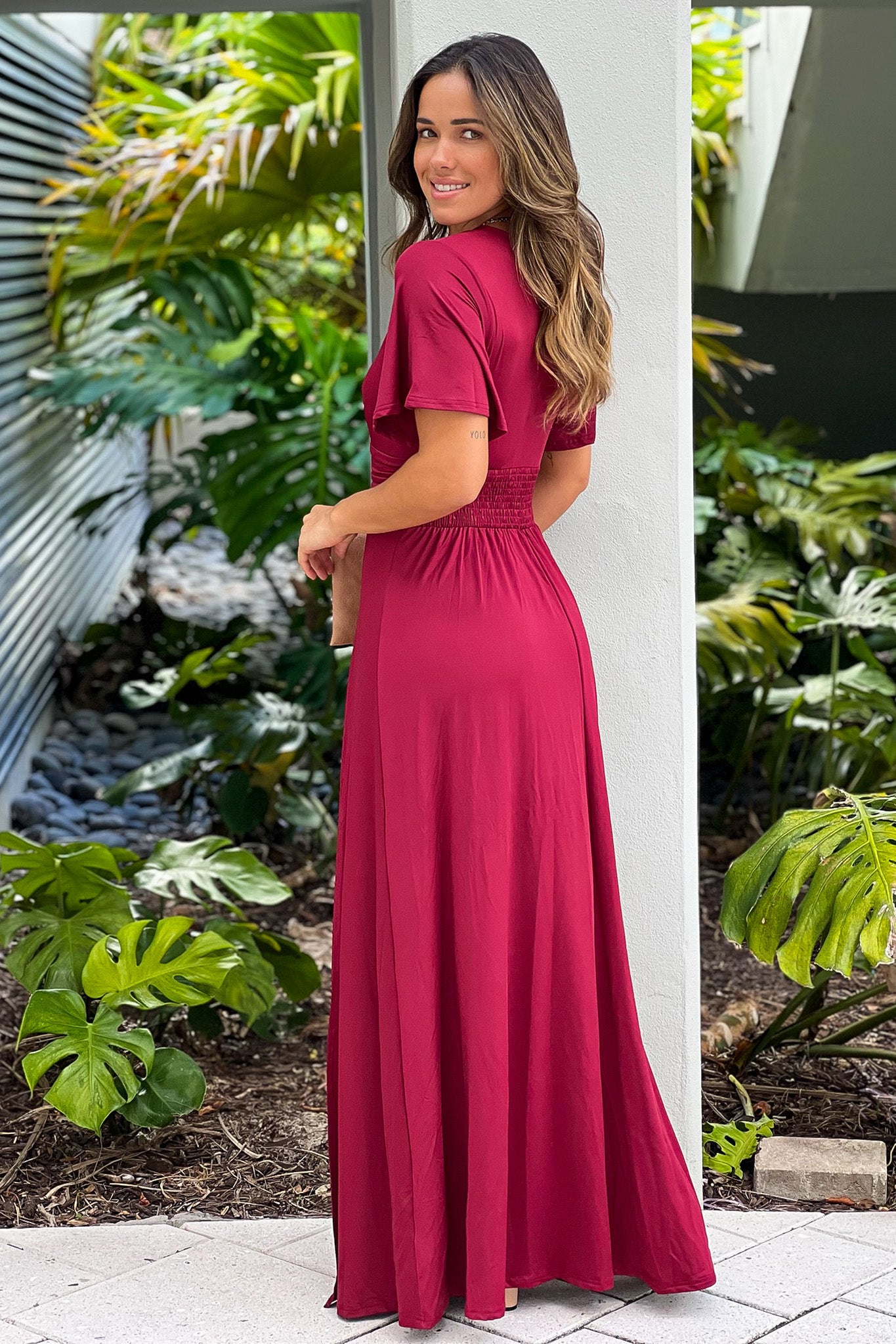 burgundy maxi dress with short sleeves