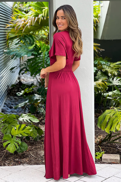 burgundy maxi dress with short sleeves