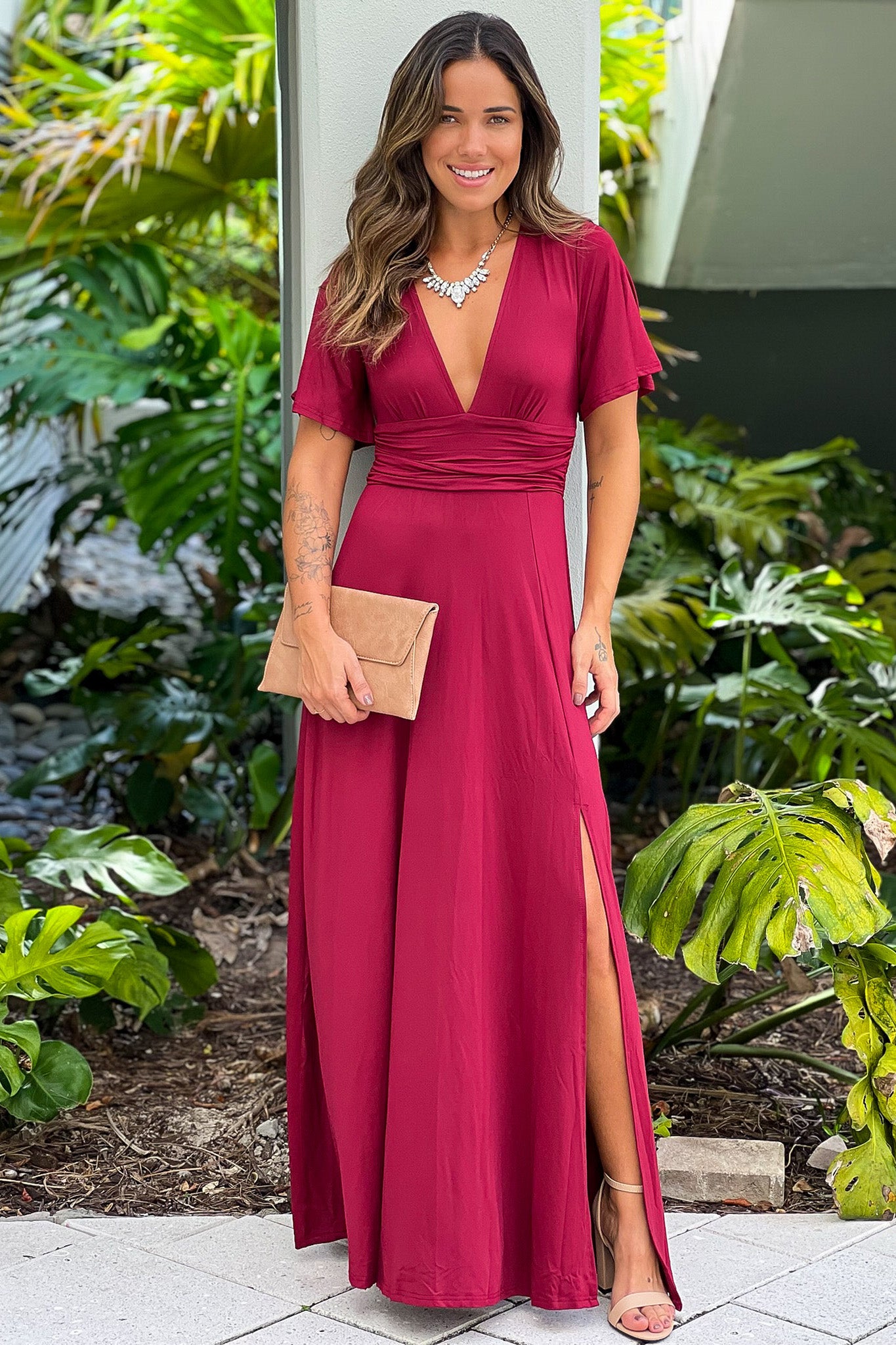 burgundy maxi dress with slit and short sleeves