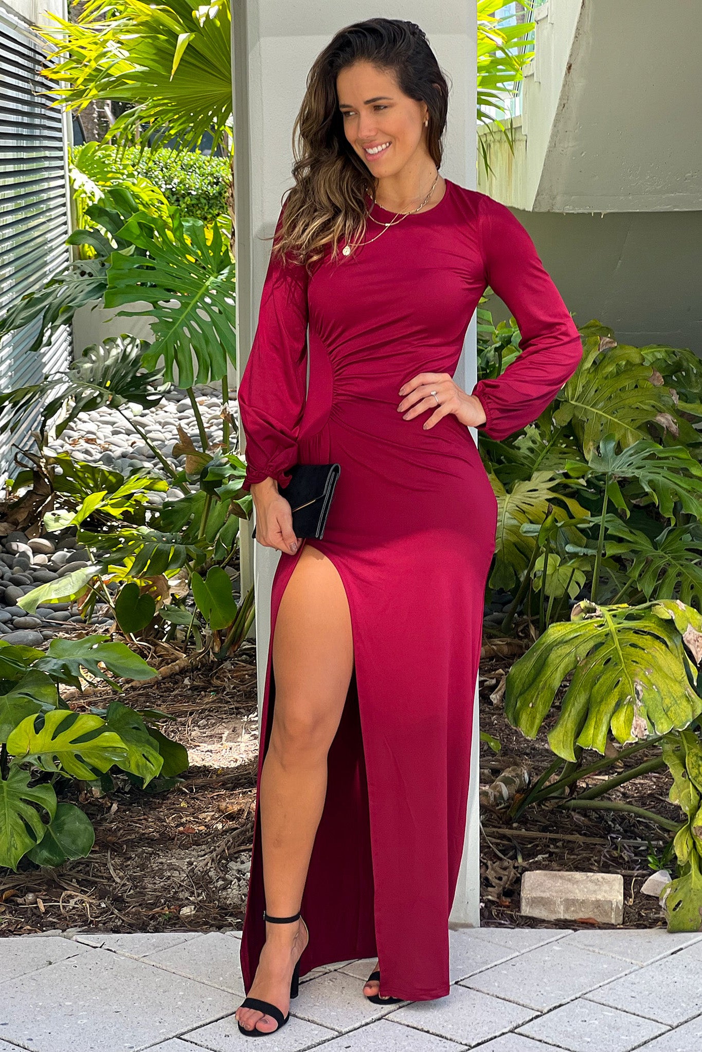 Burgundy Long Sleeves Maxi Dress With Slit | Maxi Dresses Saved by the Dress Burgundy Long Sleeves Maxi Dress With Slit | Maxi Dresses Saved by the Dress