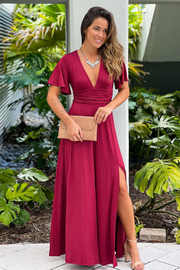 Burgundy Maxi Dress With Slit And Short Sleeves