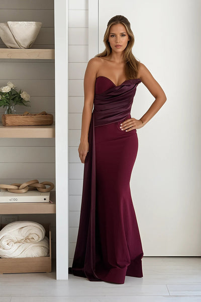 burgundy mermaid prom maxi dress