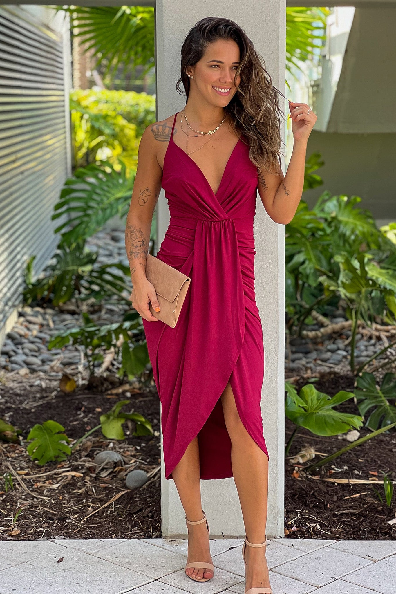 burgundy midi dress with criss cross back