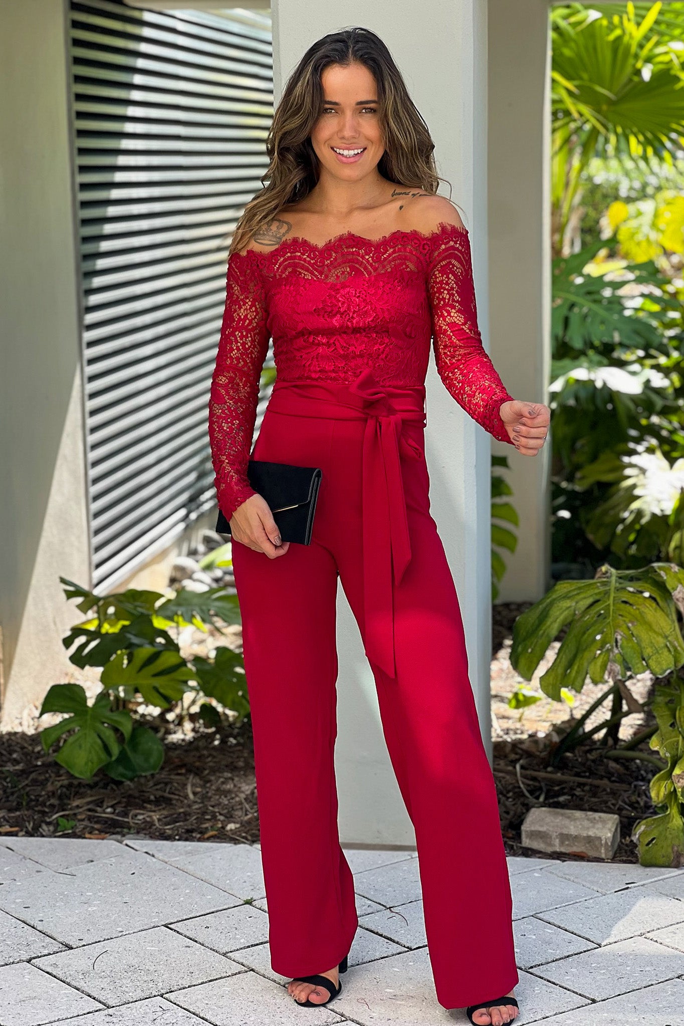 Burgundy Lace Off Shoulder Top Jumpsuit