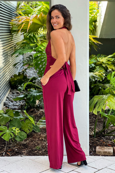 burgundy open back jumpsuit