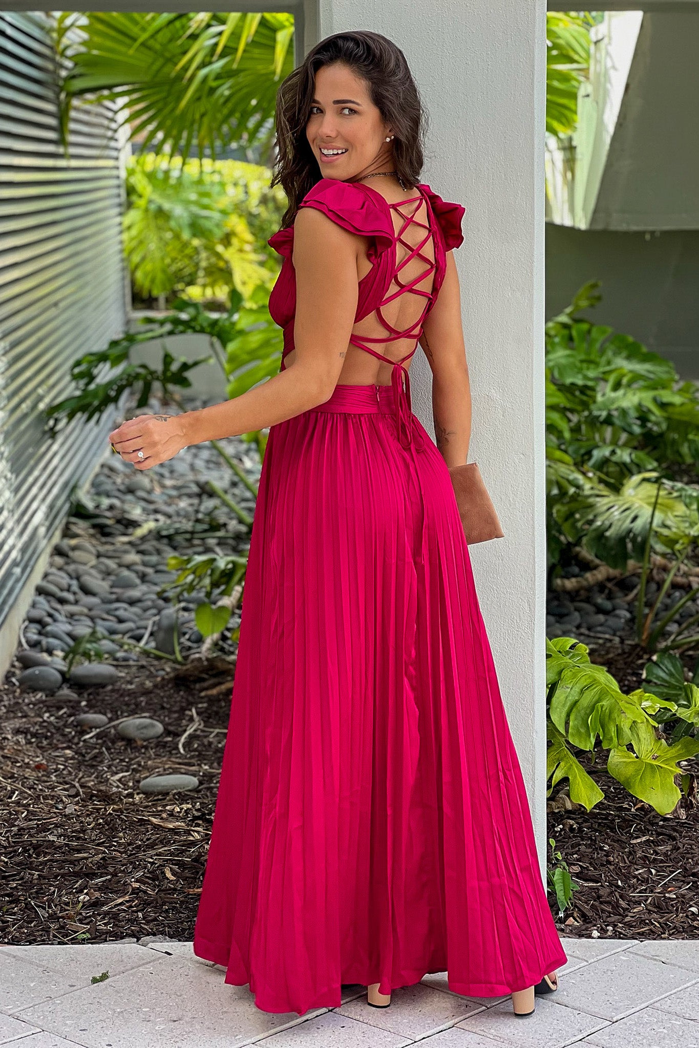 Burgundy pleated maxi dress best sale