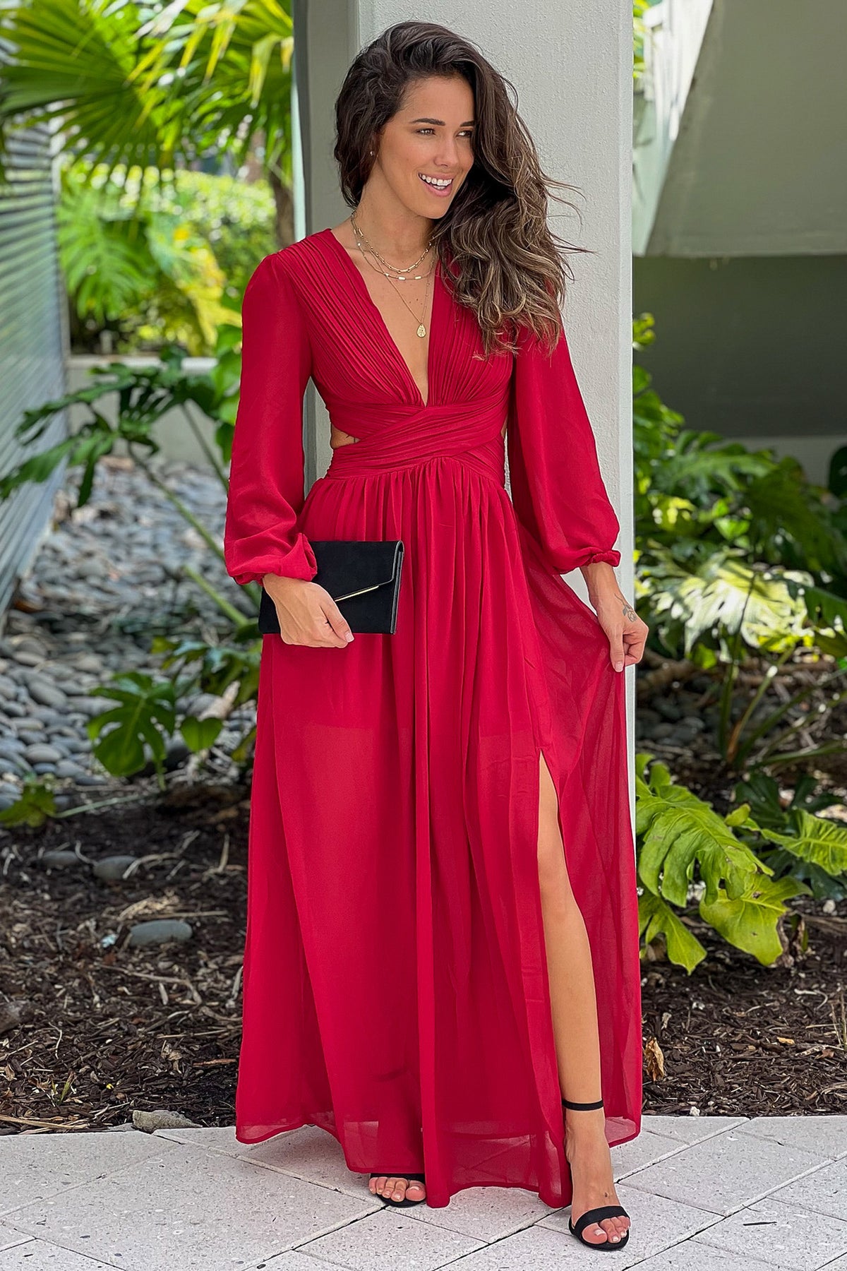 Burgundy Pleated V-Neck Maxi Dress