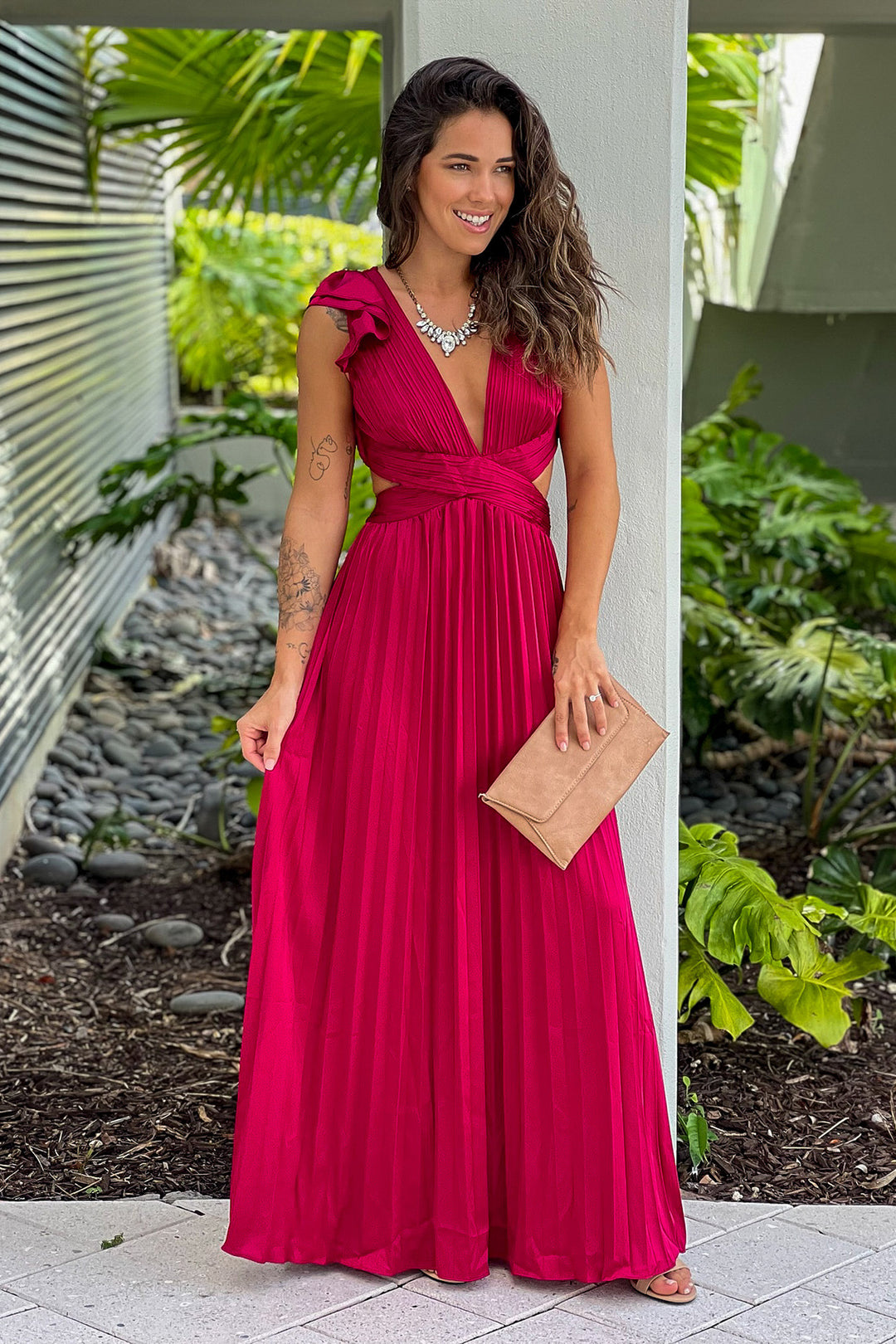 Burgundy Pleated Lace Up Back Maxi Dress Maxi Dresses Saved by the Dress