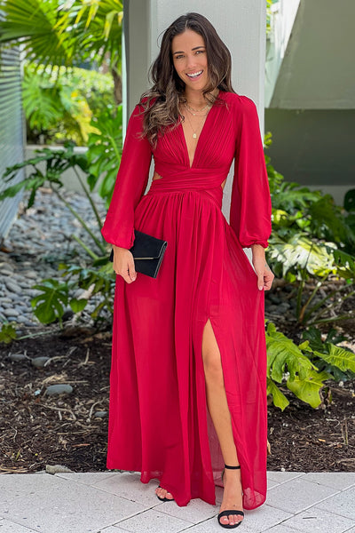 burgundy pleated v-neck maxi dress