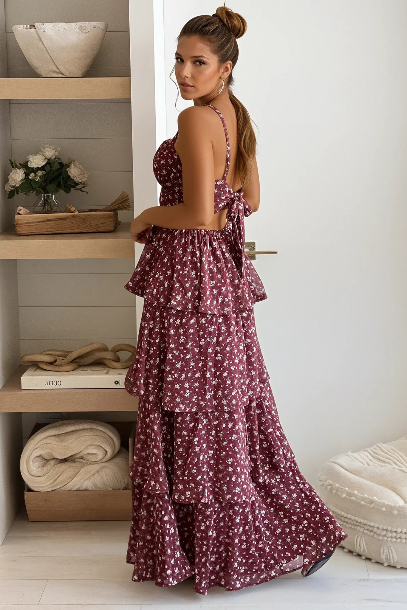 burgundy printed maxi dress